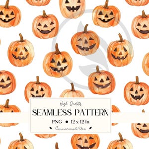 May include: Watercolor illustration of a seamless pattern featuring orange pumpkins with carved faces on a white background. The pumpkins have brown stems and smiling faces. The image includes the text "SEAMLESS PATTERN" and "PNG 12 x 12 in Commercial Use".