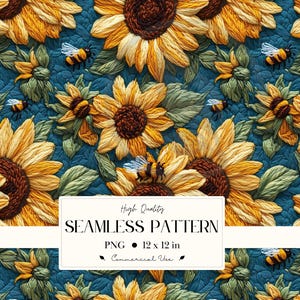 May include: A seamless pattern featuring detailed sunflowers in shades of yellow and brown, with green leaves and buzzing bees. The design is set against a textured teal background. The text on the image reads "High Quality SEAMLESS PATTERN PNG 12 x 12 in Commercial Use."
