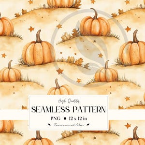 Pode incluir: Padrão sem costura em aquarela com abóboras laranja, folhas de outono e estrelas em um fundo bege. O design inclui o texto "High Quality SEAMLESS PATTERN PNG 30.48 x 30.48 cm Commercial Use".
