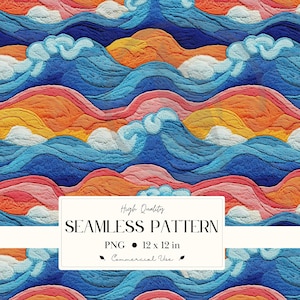 May include: A seamless pattern design featuring stylized waves in shades of blue, orange, pink, and white. The design includes the text "High Quality SEAMLESS PATTERN PNG 12 x 12 in Commercial Use". The pattern is suitable for various applications.