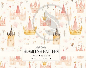 Fairytale Castle Seamless Pattern -  Nursery Art for Kids Room  - Watercolor Storybook Design Playful Texture