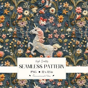 May include: A seamless pattern featuring embroidered flowers and unicorns in shades of pink, peach, yellow, and blue. The design includes a variety of floral elements and a repeating motif of a white unicorn with a pink mane. The text "High Quality SEAMLESS PATTERN" is also visible.