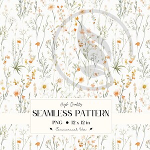 Puede incluir: Patrón floral sin costuras sobre fondo blanco, con flores silvestres amarillas, naranjas y verdes. El texto en la imagen dice "High Quality SEAMLESS PATTERN PNG 12 x 12 in Commercial Use."