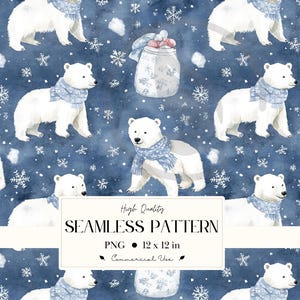 May include: Seamless pattern featuring white polar bears wearing blue scarves, jars of pink and white objects, and snowflakes on a dark blue background. The pattern is 12 x 12 inches.
