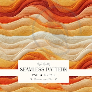May include: A seamless pattern design featuring layered, wavy shapes in shades of orange, yellow, and cream. The image includes a rectangular graphic with the text "High Quality SEAMLESS PATTERN PNG 12 x 12 in Commercial Use."