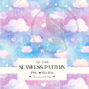 Puede incluir: Patrón sin costuras de acuarela con nubes, estrellas y corazones pastel sobre un fondo azul, rosa y morado. La imagen incluye el texto "High Quality SEAMLESS PATTERN PNG 12 x 12 in Commercial Use."