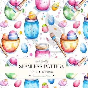 Op de afbeelding: Waterverf naadloos patroon met paaseieren, verfpotten en penselen. Het ontwerp bevat kleurrijke eieren, potten met roze, groene en blauwe verf en houten penselen. De tekst "High Quality SEAMLESS PATTERN PNG 30.48 x 30.48 cm Commercial Use" is ook opgenomen.