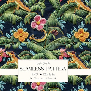May include: Embroidered seamless pattern with lizards, flowers, and leaves in green, orange, pink, and blue on a dark blue backdrop. The design includes the text "High Quality SEAMLESS PATTERN PNG 12 x 12 in Commercial Use."