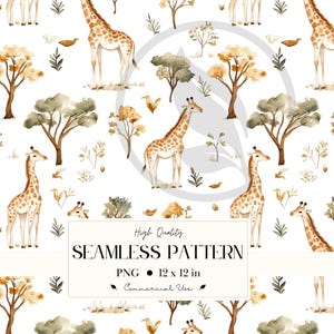 Puede incluir: Patrón sin costuras de acuarela con jirafas, árboles y follaje en tonos marrón, beige y verde sobre un fondo blanco. El patrón incluye el texto "SEAMLESS PATTERN" y las dimensiones "12 x 12 in".