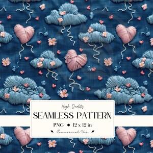 May include: Seamless pattern featuring embroidered clouds, hearts, and flowers in shades of blue, pink, and white on a dark blue background. The design includes a repeating pattern of clouds and hearts, with a whimsical, handcrafted aesthetic.