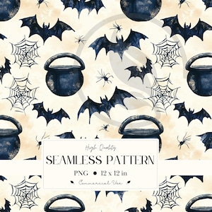 May include: A seamless Halloween pattern featuring dark blue bats, cauldrons, spiderwebs, and spiders on a cream background. The design includes the text "High Quality SEAMLESS PATTERN PNG 12 x 12 in Commercial Use."