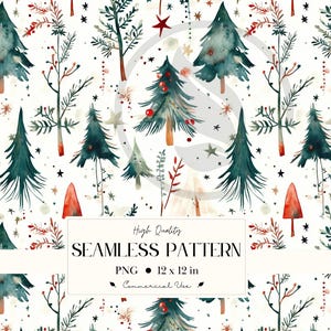 Puede incluir: Patrón sin costuras de acuarela con árboles de Navidad, estrellas y bayas en tonos verdes, rojos y marrones sobre un fondo blanco. El texto de la imagen dice "High Quality SEAMLESS PATTERN PNG 12 x 12 in Commercial Use."