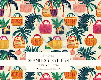 Seamless Beach Picnic Baskets Digital Paper – 3d Embroidery Look