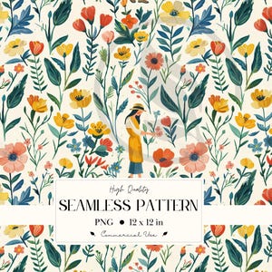 Puede incluir: Patrón floral sin costuras con flores amarillas, naranjas, rojas y azules, y follaje verde sobre un fondo crema. El diseño incluye el texto "High Quality SEAMLESS PATTERN PNG 30.48 x 30.48 cm Commercial Use."