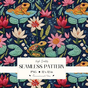 Könnte beinhalten: Nahtloses Muster mit gestickten Fröschen, Seerosenblättern und Blumen in Orange, Rosa, Weiß und Grün auf dunkelblauem Hintergrund. Das Muster enthält den Text "High Quality SEAMLESS PATTERN PNG 12 x 12 in Commercial Use."