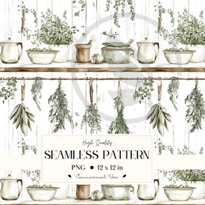 May include: Watercolor seamless pattern featuring kitchen herbs and utensils. The design includes hanging herbs, pots, bowls, and garlic against a white wooden background. The text reads "High Quality SEAMLESS PATTERN PNG 12 x 12 in Commercial Use."