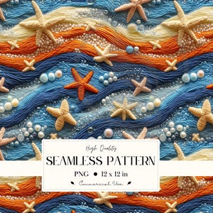 May include: Seamless pattern featuring a beach theme with starfish, pearls, and waves in shades of blue, orange, and beige. The design includes a variety of starfish sizes and pearl accents. The text on the image reads "High Quality SEAMLESS PATTERN PNG 12 x 12 in Commercial Use."