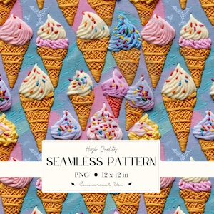 May include: Seamless pattern featuring colorful ice cream cones with various pastel-colored scoops and sprinkles. The cones are a warm brown, and the background is a light blue with a textured appearance. The image includes the text "High Quality SEAMLESS PATTERN".