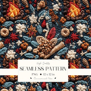 May include: A seamless pattern featuring embroidered elements in a dark blue background. The design includes a campfire, leaves, berries, and other fall-themed motifs in shades of brown, red, orange, and white. The text "High Quality SEAMLESS PATTERN" is displayed.