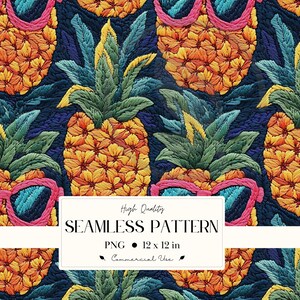 Peut inclure: Motif sans couture avec des ananas brodés portant des lunettes de soleil sur fond bleu foncé. Les ananas sont dans des tons orange et jaune, avec des feuilles vertes et bleues. Les lunettes de soleil sont roses et bleues. Le texte "High Quality SEAMLESS PATTERN" est inclus.