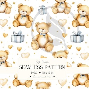 May include: Seamless pattern featuring watercolor teddy bears, gift boxes, hearts, and stars on a white background. The bears have blue bows. The pattern includes the text "High Quality SEAMLESS PATTERN PNG 12 x 12 in Commercial Use."