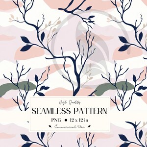 May include: Seamless pattern design featuring navy blue tree branches with leaves against a backdrop of abstract shapes in pink, green, and beige. The pattern is 12 x 12 inches and suitable for commercial use.