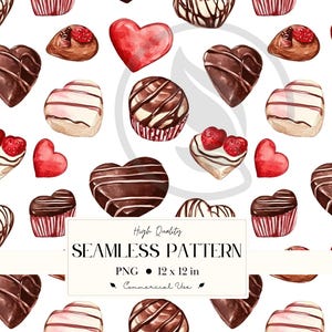 Puede incluir: Patrón sin costuras con ilustraciones en acuarela de bombones, caramelos en forma de corazón y cupcakes sobre un fondo blanco. El diseño incluye varias formas y tamaños de chocolate, algunos decorados con fresas. También está presente el texto "High Quality SEAMLESS PATTERN".