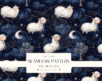Dreamy Sheep Seamless Pattern: Watercolor Nursery Art (Commercial Use PNG File)