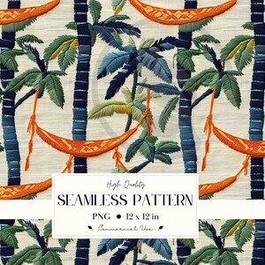 Può includere: Motivo senza cuciture ricamato con palme con tronchi blu e fronde verdi e blu, e amache arancioni. Il design include il testo "High Quality SEAMLESS PATTERN PNG 30,48 x 30,48 cm Commercial Use".