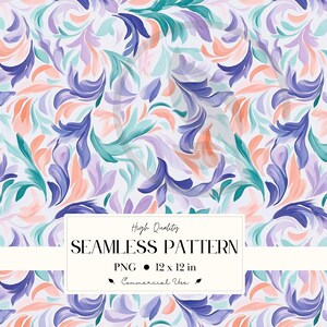 May include: Seamless pattern design featuring a repeating floral motif in shades of purple, teal, and peach on a white background. The design includes a rectangular label with the text "High Quality SEAMLESS PATTERN PNG 12 x 12 in Commercial Use."