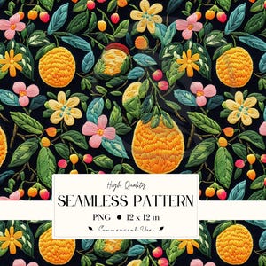 May include: Seamless pattern featuring embroidered-style illustrations of yellow-orange pineapples, pink and yellow flowers, and green leaves on a black background. The pattern includes the text "High Quality SEAMLESS PATTERN PNG 12 x 12 in Commercial Use."