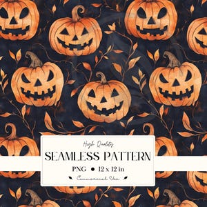 Peut inclure: Motif sans couture avec des citrouilles d'Halloween orange peintes à l'aquarelle, avec des visages sculptés sur fond bleu foncé. Les citrouilles sont entourées de feuilles et de vignes orange et marron. Le texte "SEAMLESS PATTERN" est affiché.