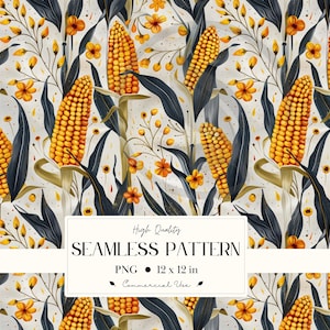 Puede incluir: Un patrón sin costuras con ilustraciones en acuarela de mazorcas de maíz, hojas verde oscuro y flores naranjas sobre un fondo crema. El diseño incluye el texto "High Quality SEAMLESS PATTERN PNG 30.48 x 30.48 cm Commercial Use".