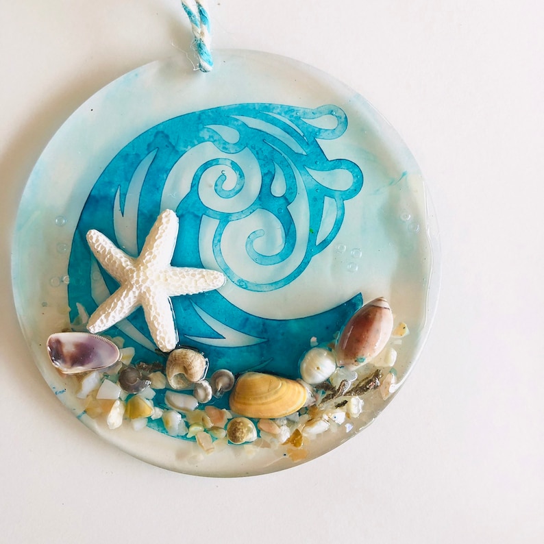 coastal decor beach glass ornament Sea glass hanging art Sea Glass Art Seascape Wave and starfish Suncatchers Beach glass suncatcher