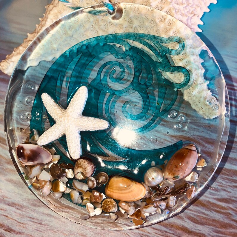 coastal decor beach glass ornament Sea glass hanging art Sea Glass Art Seascape Wave and starfish Suncatchers Beach glass suncatcher