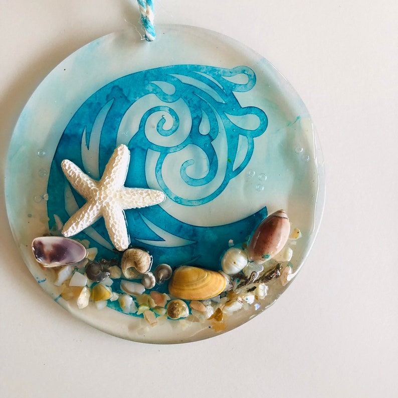 coastal decor beach glass ornament Sea glass hanging art Sea Glass Art Seascape Wave and starfish Suncatchers Beach glass suncatcher