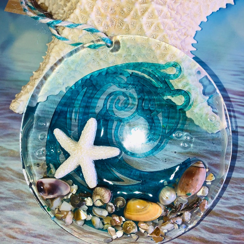 coastal decor beach glass ornament Sea glass hanging art Sea Glass Art Seascape Wave and starfish Suncatchers Beach glass suncatcher