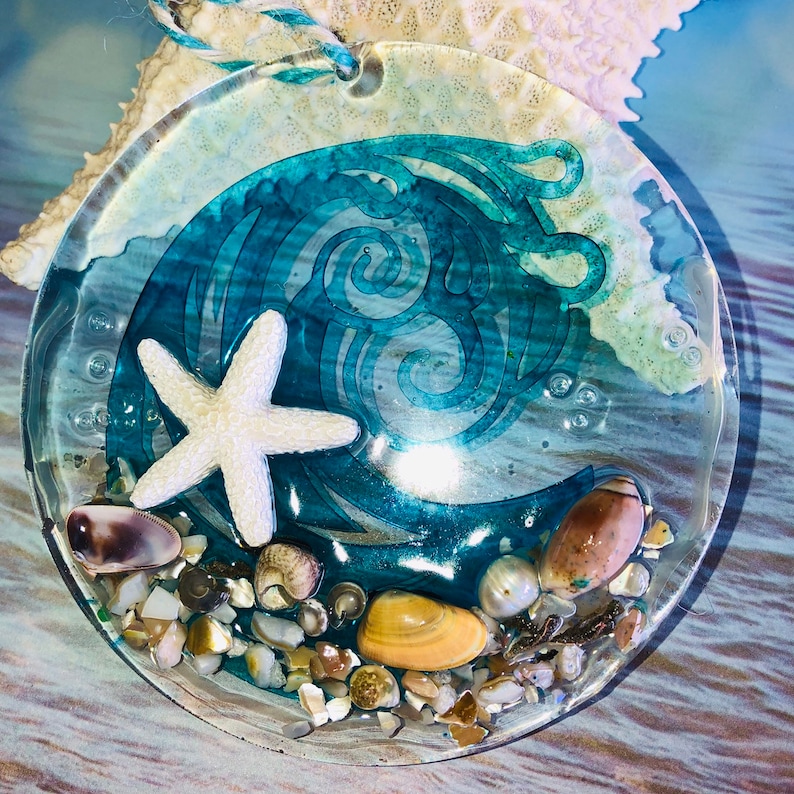 coastal decor beach glass ornament Sea glass hanging art Sea Glass Art Seascape Wave and starfish Suncatchers Beach glass suncatcher