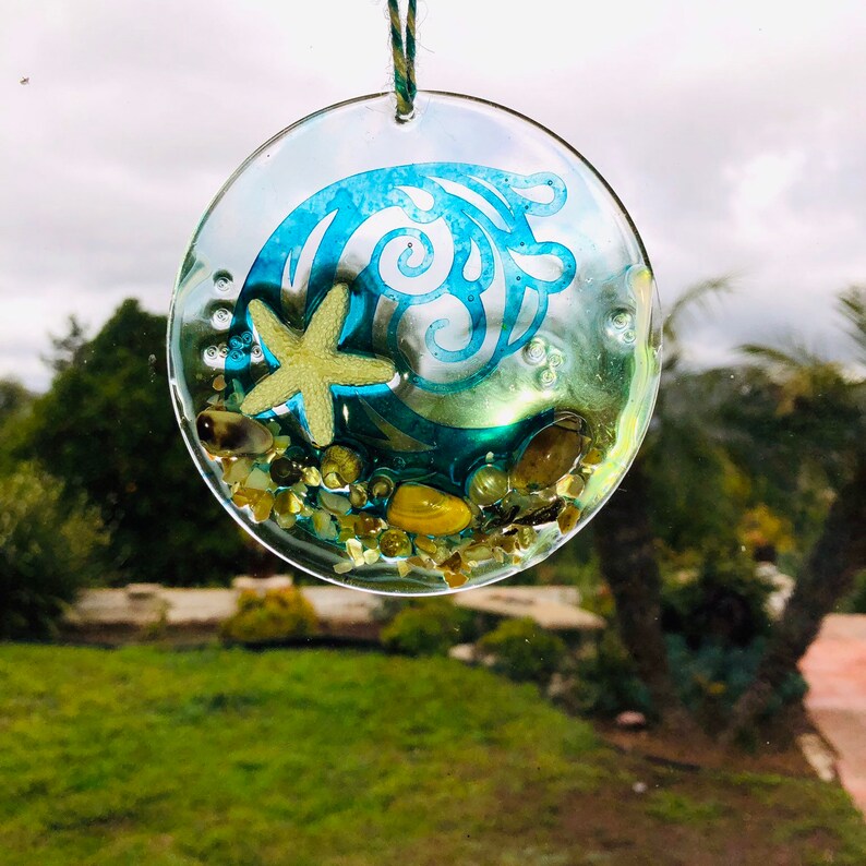 coastal decor beach glass ornament Sea glass hanging art Sea Glass Art Seascape Wave and starfish Suncatchers Beach glass suncatcher