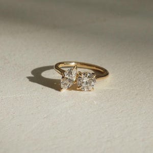 Round & Marquise Cut Moissanite Engagement Ring, Diamond Toi Et Moi Ring, 14K Solid Gold Two Stone Promise Ring, You and Me Ring for Women