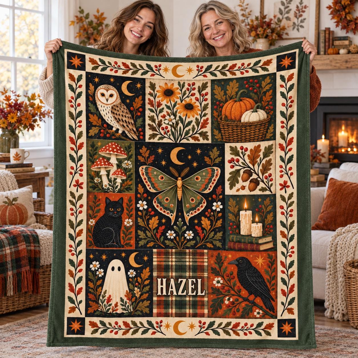Personalized Halloween Blanket,Custom Name Folk Art Moth Owl Throw,Cozy Autumn Decor,Spooky Gift for
