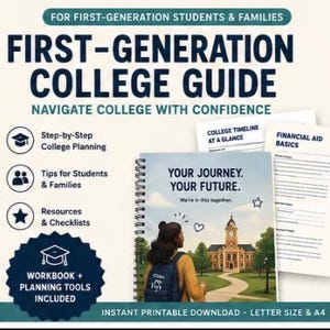 Puede incluir: Una guía para estudiantes de primera generación encuadernada en espiral con una ilustración de un estudiante con mochila frente a un edificio universitario. El texto incluye "Your Journey, Your Future", "College Timeline at a Glance" y "Financial Aid Basics".
