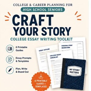 May include: A college and career planning toolkit for high school seniors titled Craft Your Story. Includes six printable guides, essay prompts, templates, an essay outline, a personal story brainstorm, a college essay checklist, and a notebook.