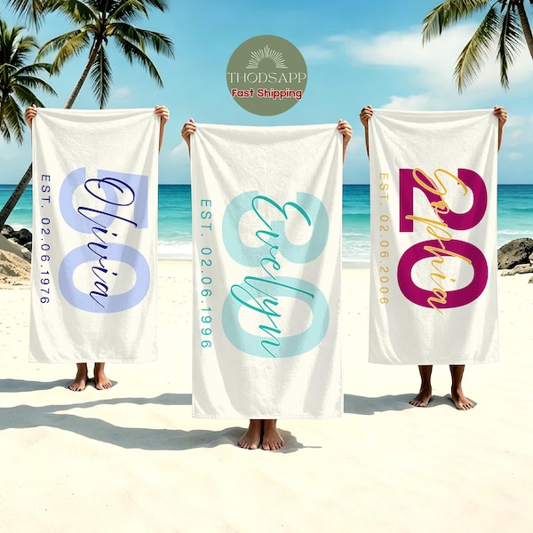 Personalized Milestone Birthday Beach Towel,Custom Age Name Pool Towel,20th 30th 50th Birthday Gift For Mom Best Friend Women Vacation