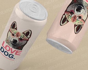 May include: Two light pink aluminum beverage cans featuring a graphic illustration of a dog's face with colorful floral and patterned details. The text LOVE DOG. is printed in bold pink and dark blue letters on the side of the cans.