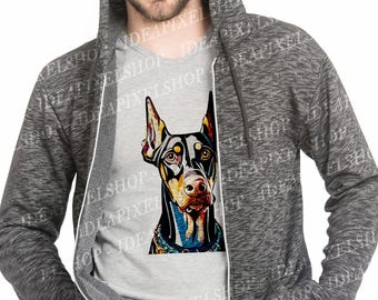 May include: A gray zip-up hoodie with a gray V-neck shirt featuring a colorful graphic of a Doberman Pinscher dog. The dog's portrait has black, brown, yellow, and blue accents. The hoodie has a hood and a zipper.