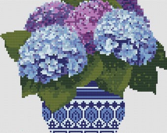 Chinoiserie Hydrangea Needlepoint Pattern, Blue White Floral Chart (PDF Download)