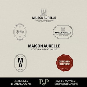 May include: A collection of logos and branding elements in black and white, featuring the text "MAISON AURELLE" and "EDITORIAL BRAND HOUSE." The designs include a building illustration, a cheetah, and a seal that says "DESIGNED IN HOUSE."
