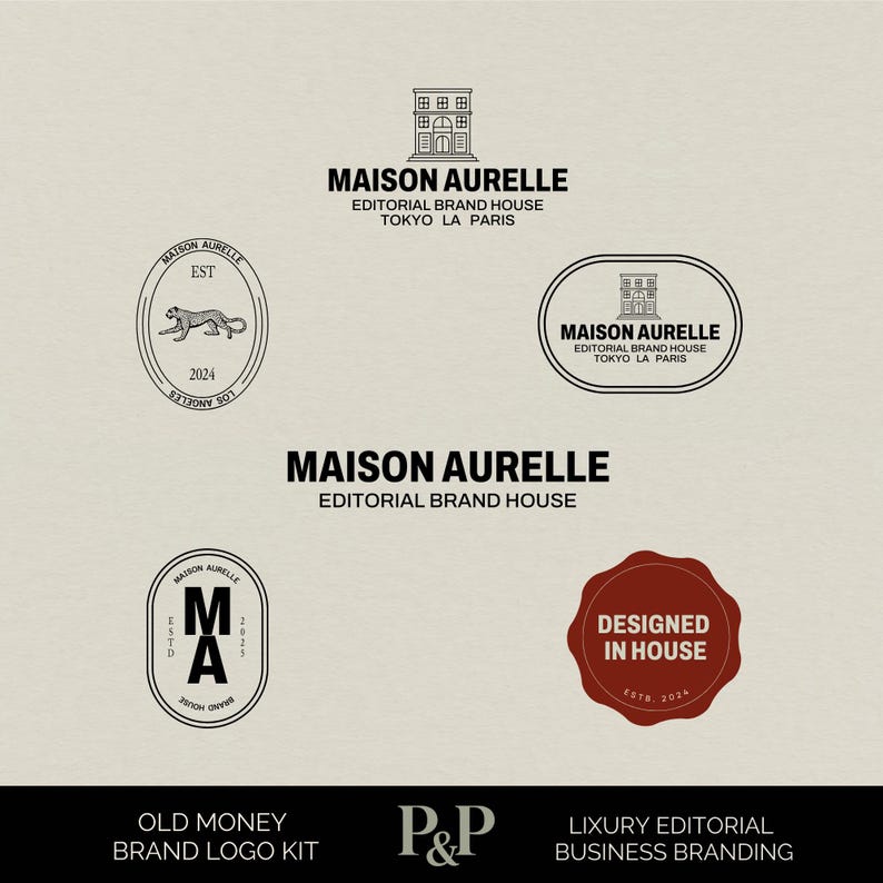 May include: A collection of logos and branding elements in black and white, featuring the text "MAISON AURELLE" and "EDITORIAL BRAND HOUSE." The designs include a building illustration, a cheetah, and a seal that says "DESIGNED IN HOUSE."