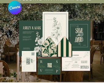 Old Money Wedding Invitation Suite | Olive Green & Cream Canva Template | Elegant Invite, RSVP, Details | Digital Download